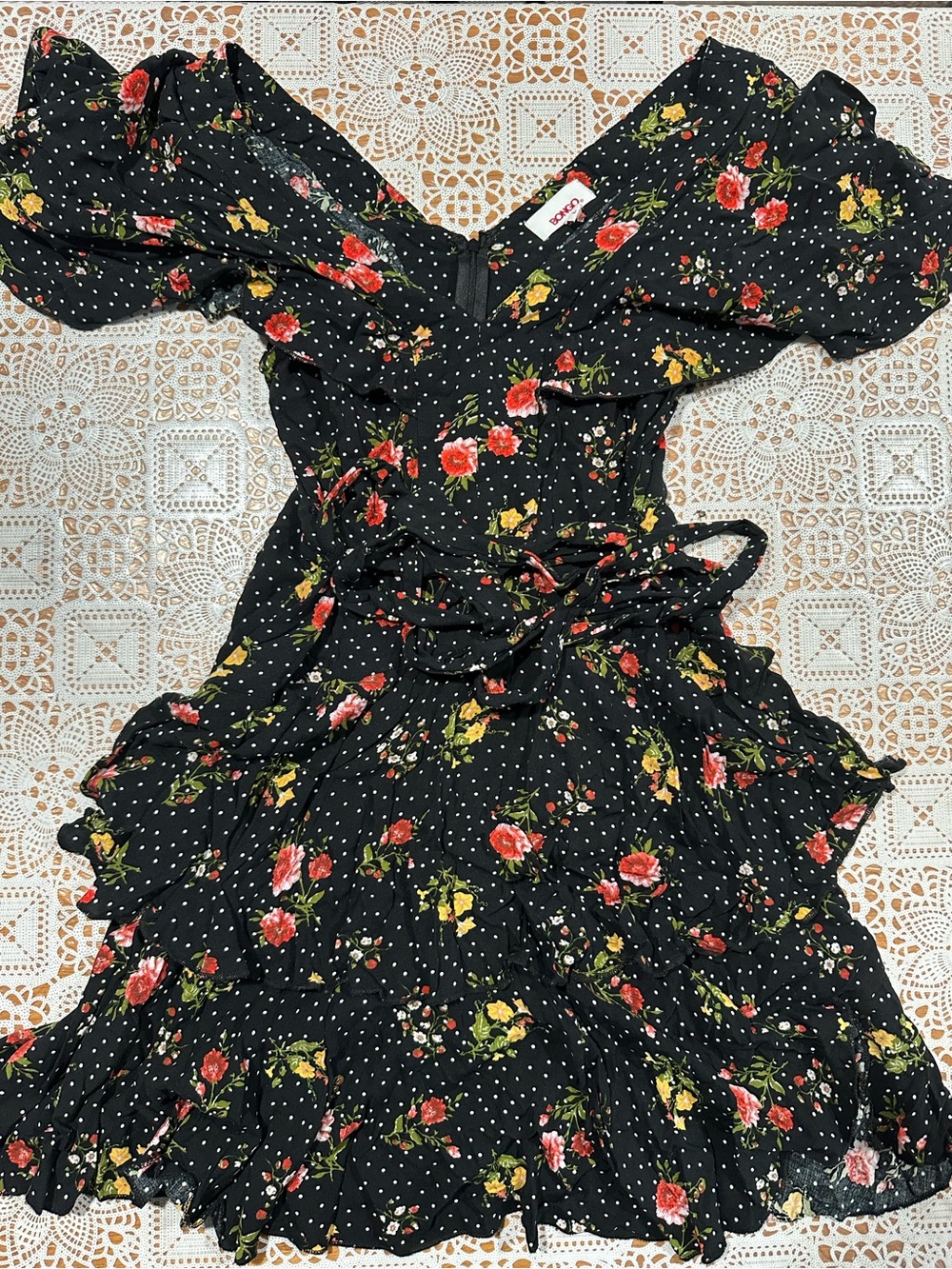 Bongo Floral Polka Dot Ruffle Mini Dress Black Large Y2K Cottagecore